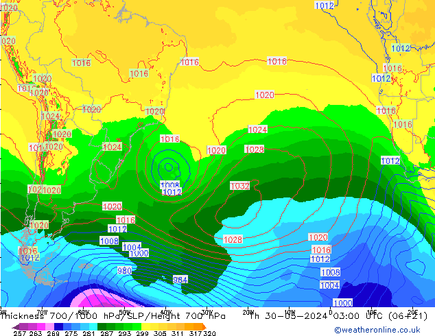 700-1000 hPa Kalınlığı ECMWF Per 30.05.2024 03 UTC