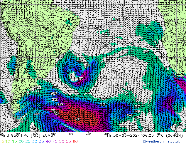 Wind 950 hPa ECMWF Do 30.05.2024 06 UTC