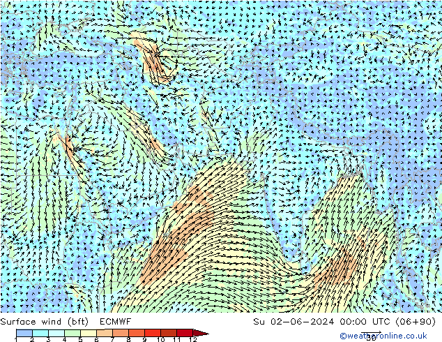 Wind 10 m (bft) ECMWF zo 02.06.2024 00 UTC