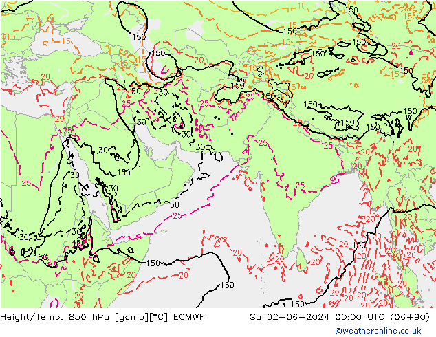 Hoogte/Temp. 850 hPa ECMWF zo 02.06.2024 00 UTC