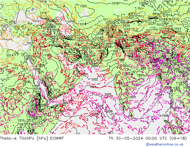 Theta-e 700hPa ECMWF czw. 30.05.2024 00 UTC