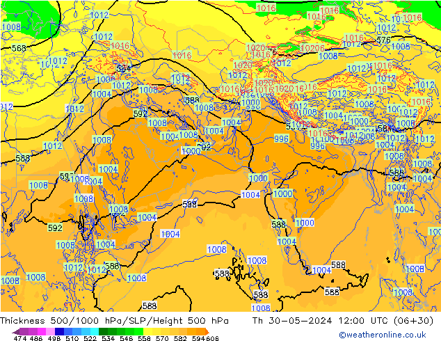 Dikte 500-1000hPa ECMWF do 30.05.2024 12 UTC