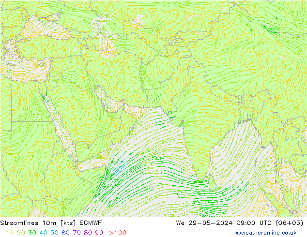 Streamlines 10m ECMWF We 29.05.2024 09 UTC