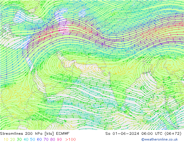 Stroomlijn 200 hPa ECMWF za 01.06.2024 06 UTC