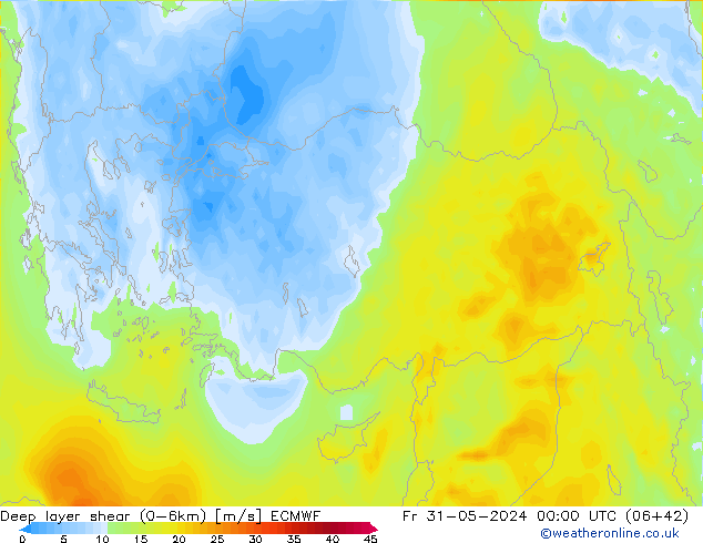 Deep layer shear (0-6km) ECMWF vie 31.05.2024 00 UTC