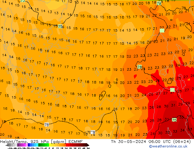 Height/Temp. 925 hPa ECMWF Th 30.05.2024 06 UTC