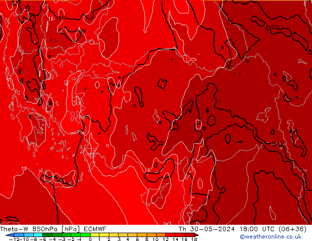 Theta-W 850hPa ECMWF czw. 30.05.2024 18 UTC