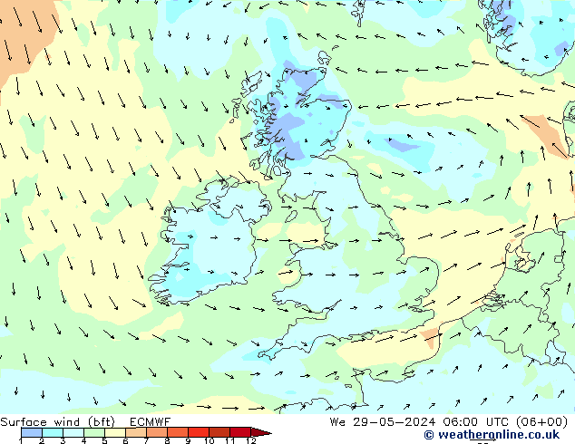 Viento 10 m (bft) ECMWF mié 29.05.2024 06 UTC