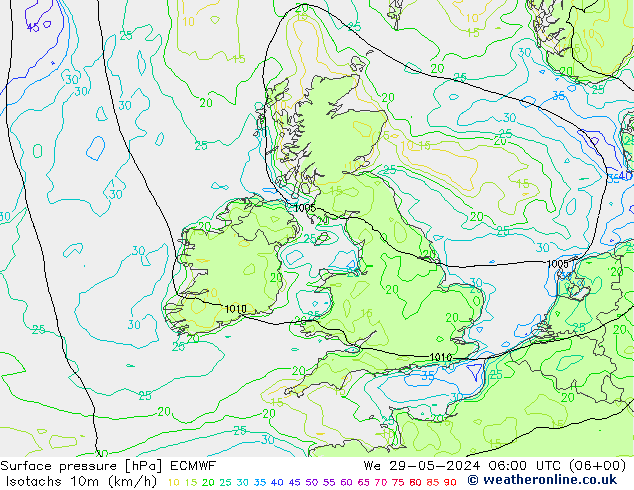 Isotaca (kph) ECMWF mié 29.05.2024 06 UTC