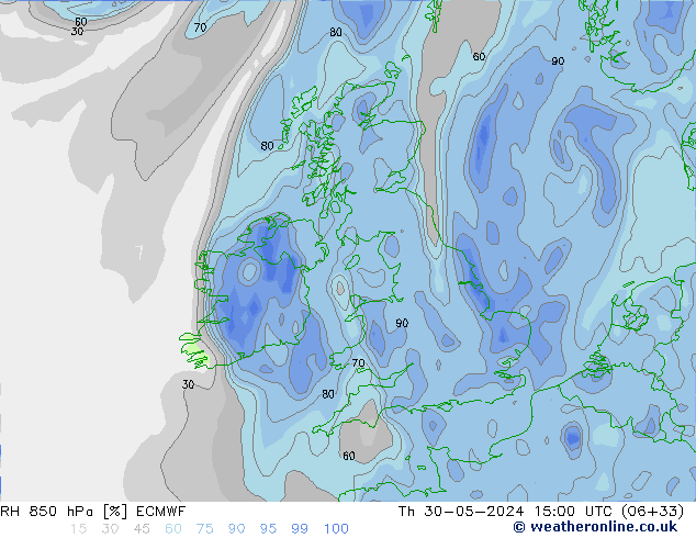 RH 850 hPa ECMWF gio 30.05.2024 15 UTC