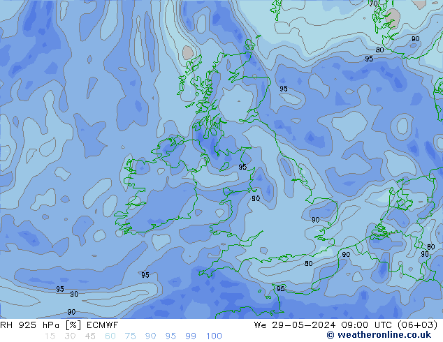 RH 925 hPa ECMWF We 29.05.2024 09 UTC