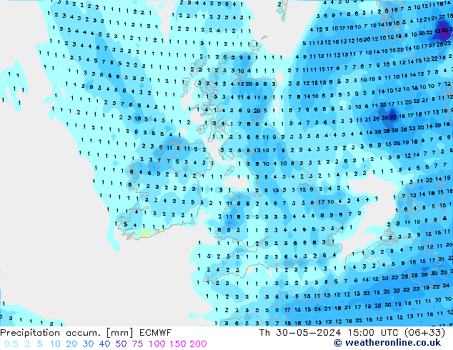 Precipitation accum. ECMWF gio 30.05.2024 15 UTC