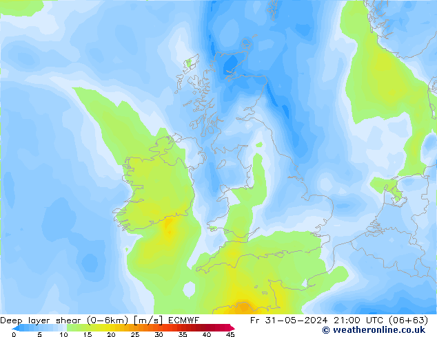 Deep layer shear (0-6km) ECMWF Fr 31.05.2024 21 UTC