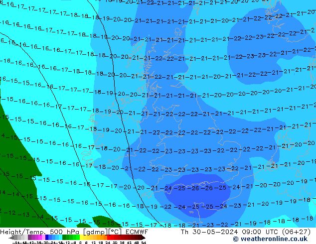 Hoogte/Temp. 500 hPa ECMWF do 30.05.2024 09 UTC