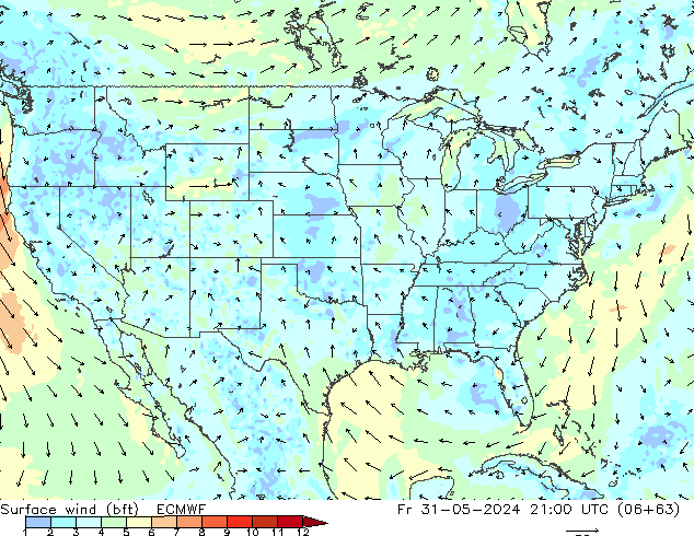 Wind 10 m (bft) ECMWF vr 31.05.2024 21 UTC