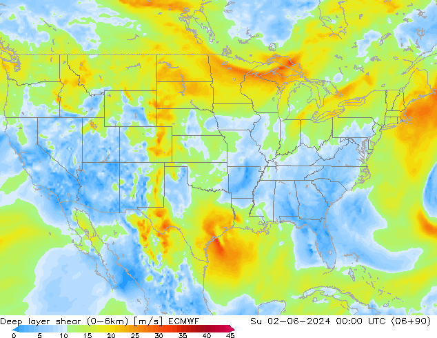 Deep layer shear (0-6km) ECMWF Su 02.06.2024 00 UTC