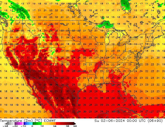 Temperature (2m) ECMWF Ne 02.06.2024 00 UTC