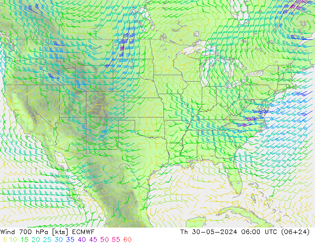 Vento 700 hPa ECMWF gio 30.05.2024 06 UTC