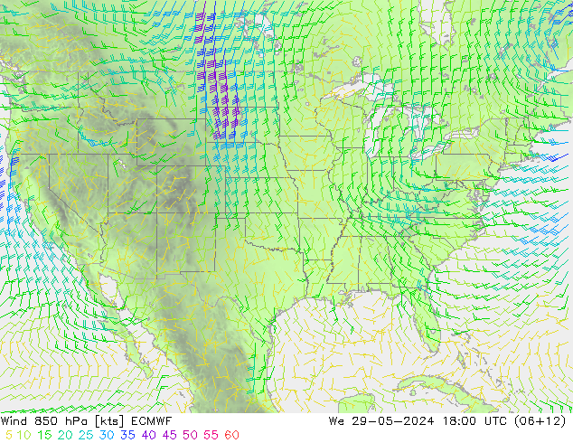 wiatr 850 hPa ECMWF śro. 29.05.2024 18 UTC