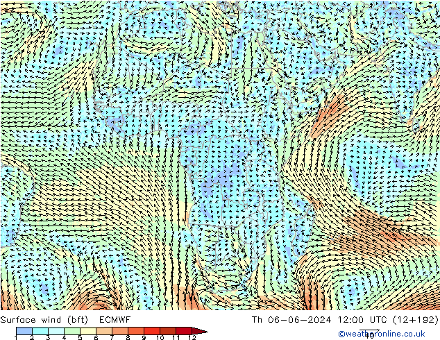 Rüzgar 10 m (bft) ECMWF Per 06.06.2024 12 UTC