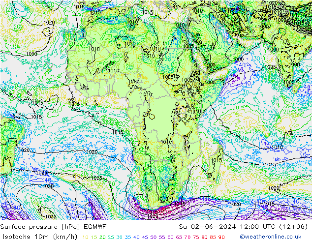 Eşrüzgar Hızları (km/sa) ECMWF Paz 02.06.2024 12 UTC