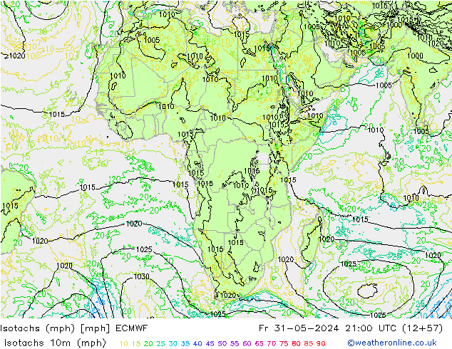 Eşrüzgar Hızları mph ECMWF Cu 31.05.2024 21 UTC