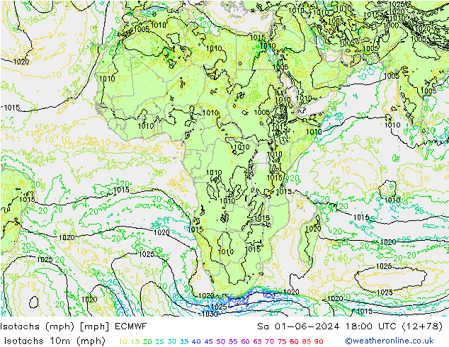 Isotachs (mph) ECMWF Sáb 01.06.2024 18 UTC