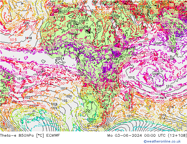 Theta-e 850hPa ECMWF Mo 03.06.2024 00 UTC