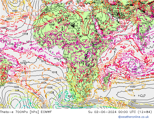 Theta-e 700hPa ECMWF Ne 02.06.2024 00 UTC
