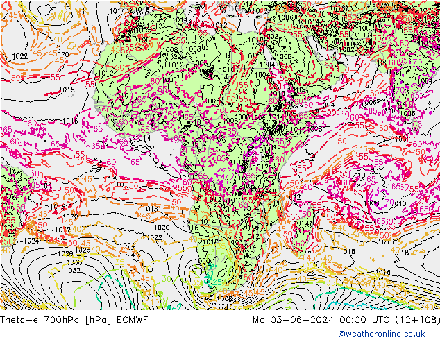 Theta-e 700hPa ECMWF Mo 03.06.2024 00 UTC