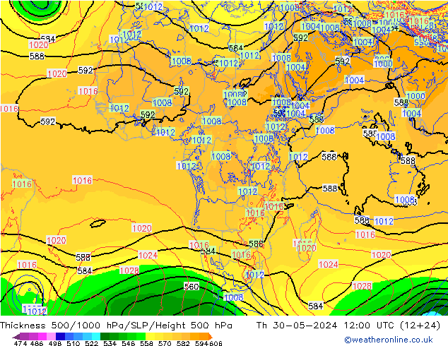 Thck 500-1000hPa ECMWF czw. 30.05.2024 12 UTC