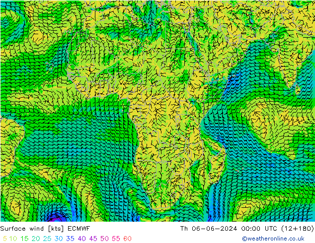 Surface wind ECMWF Čt 06.06.2024 00 UTC