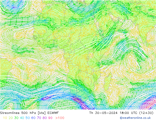 Línea de corriente 500 hPa ECMWF jue 30.05.2024 18 UTC