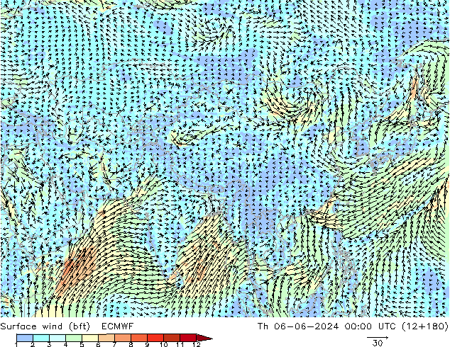 Rüzgar 10 m (bft) ECMWF Per 06.06.2024 00 UTC