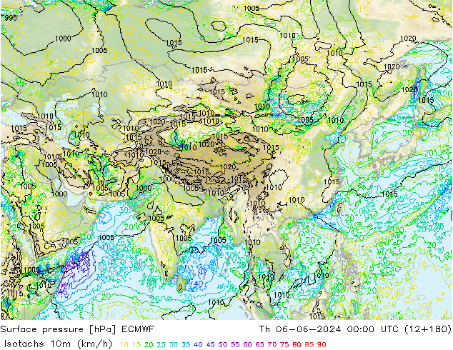 Isotachs (kph) ECMWF jeu 06.06.2024 00 UTC