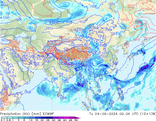 Precipitation (6h) ECMWF Tu 04.06.2024 06 UTC