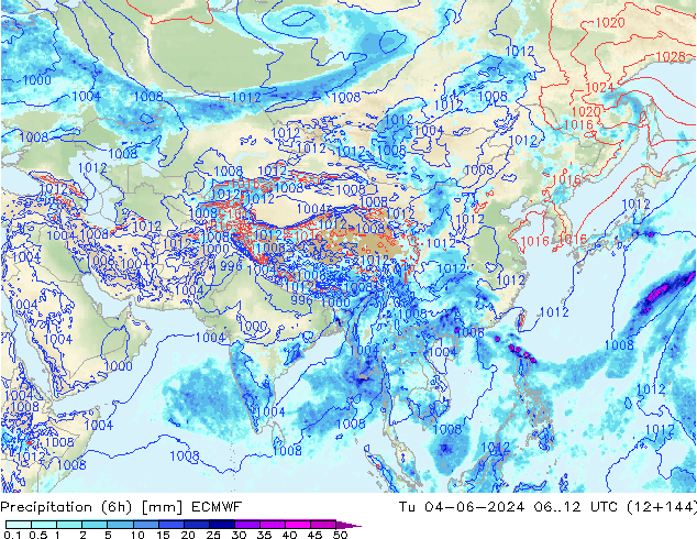 Precipitation (6h) ECMWF Tu 04.06.2024 12 UTC