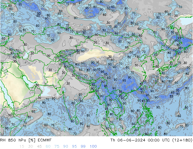 Humidité rel. 850 hPa ECMWF jeu 06.06.2024 00 UTC