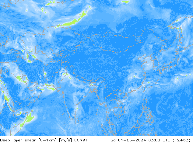 Deep layer shear (0-1km) ECMWF сб 01.06.2024 03 UTC