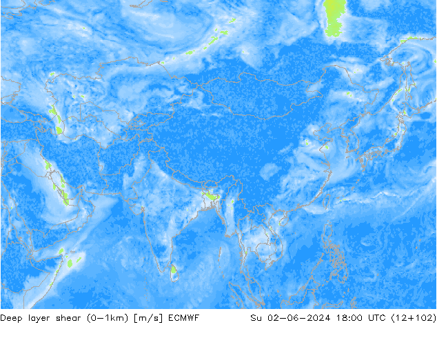 Deep layer shear (0-1km) ECMWF  02.06.2024 18 UTC