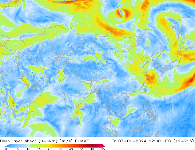 Deep layer shear (0-6km) ECMWF ven 07.06.2024 12 UTC