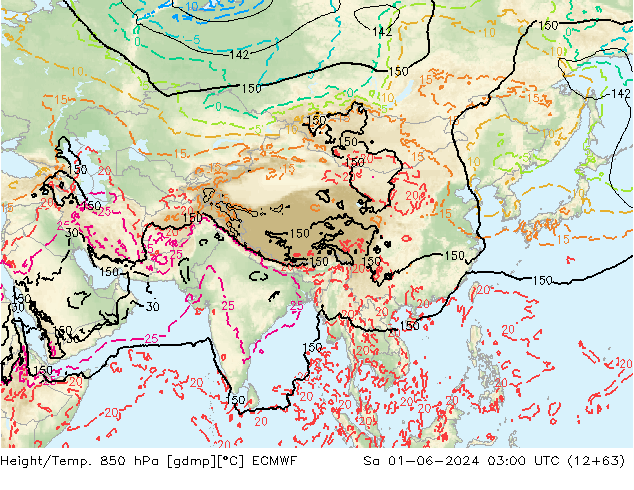 Height/Temp. 850 гПа ECMWF сб 01.06.2024 03 UTC