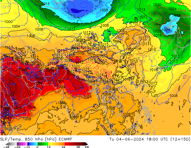 SLP/Temp. 850 hPa ECMWF Tu 04.06.2024 18 UTC