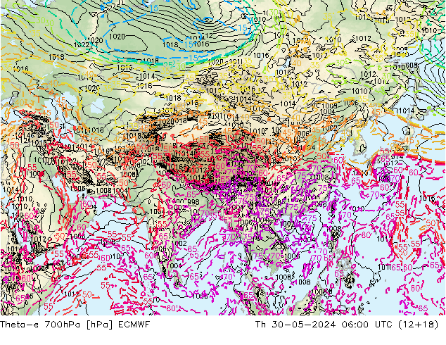 Theta-e 700hPa ECMWF Čt 30.05.2024 06 UTC