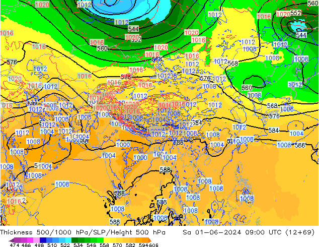 Thck 500-1000гПа ECMWF сб 01.06.2024 09 UTC