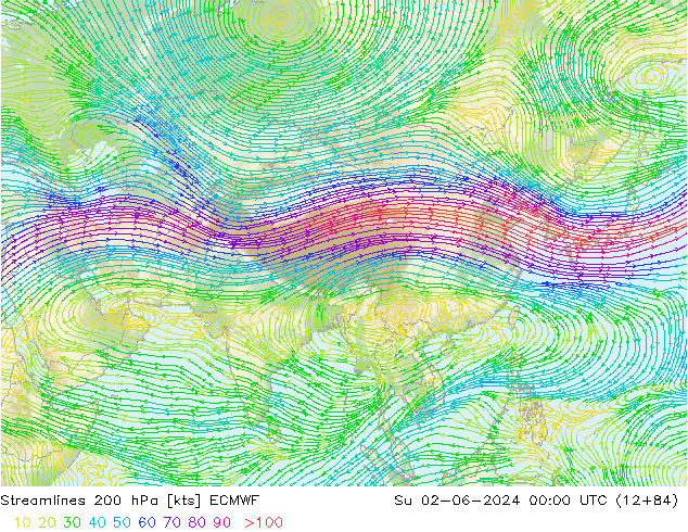 Línea de corriente 200 hPa ECMWF dom 02.06.2024 00 UTC