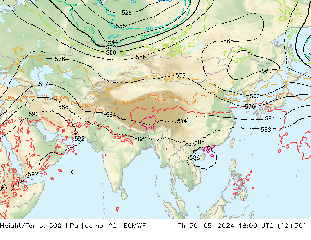 Z500/Rain (+SLP)/Z850 ECMWF Th 30.05.2024 18 UTC