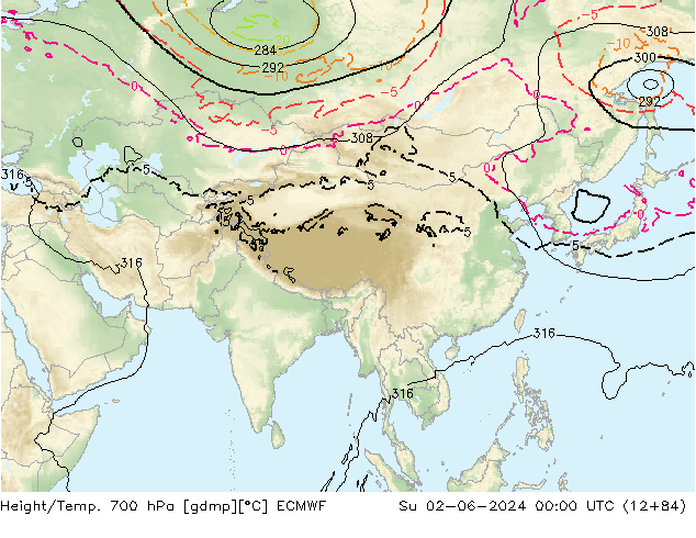 Height/Temp. 700 hPa ECMWF dom 02.06.2024 00 UTC