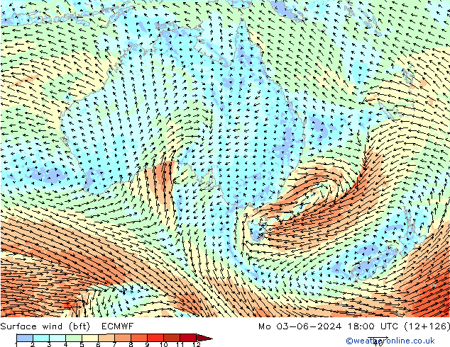 Vento 10 m (bft) ECMWF lun 03.06.2024 18 UTC