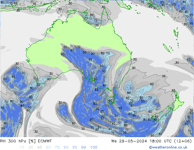 RH 300 hPa ECMWF We 29.05.2024 18 UTC